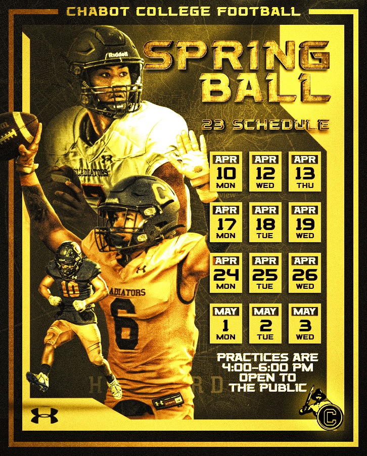 Chabot Football (@chabotfootball) on Twitter photo LET'S GO!!! 2023 Spring Ball Schedule is locked in ๐ ๐ ๐ #chabotfootball #gladiators #RDP <a href="/ChabotFootball/">Chabot Football</a> LET'S GO!!! 2023 Spring Ball Schedule is locked in ๐ ๐ ๐ #chabotfootball #gladiators #RDP <a href="/ChabotFootball/">Chabot Football</a>