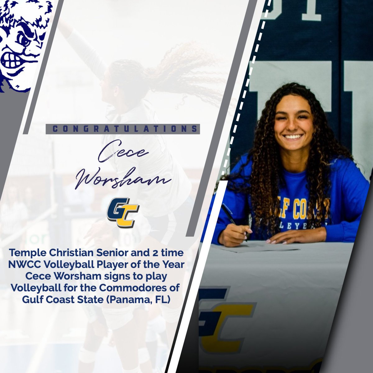 WOSNScores's tweet photo. Temple Christian senior multi-sport standout Cece Worsham signed her Letter of Intent on Friday to continue her volleyball career at Gulf Coast State University, an NJCAA school in Panama City, Florida. Congrats Cece!

Photo creds to @TCSPioneers https://t.co/SendqY3Tgj