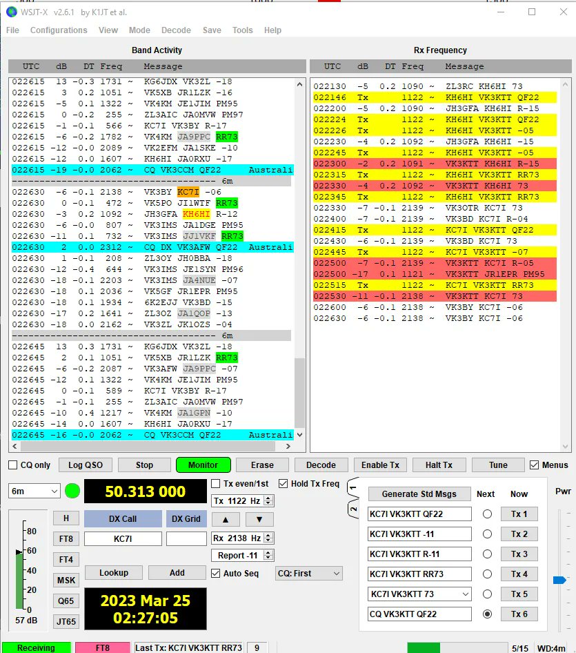 #6mband is crazy right now usa Hawaii Japan Korea and Guam on one screen #hamradio #6mfunclub #amateurradio de vk3ktt