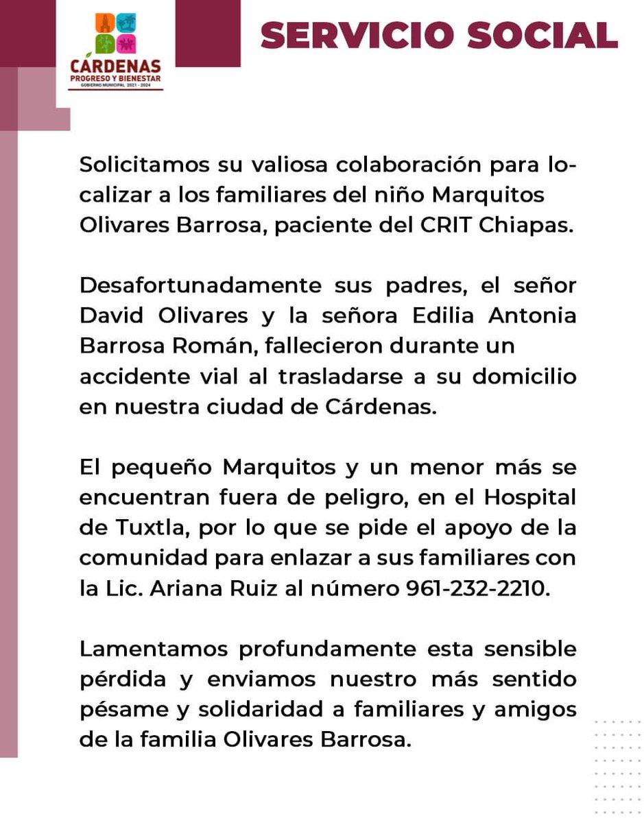 IvanVenturaJ's tweet image. #URGENTE| Buscan a familiares del niño Marquitos Olivares Barrosa, paciente del #CRIT en #Chiapas. Sus padres fallecieron en un accidente de auto. 

El menor y otro pequeño se encuentran fuera de peligro en el Hospital de Tuxtla

+INFO 9612322210 con Lic Ariana Ruiz