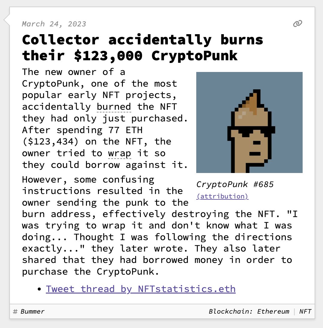 Collector accidentally burns their $123,000 CryptoPunk March 24, 2023  https://t.co/xf5HnC2eaT