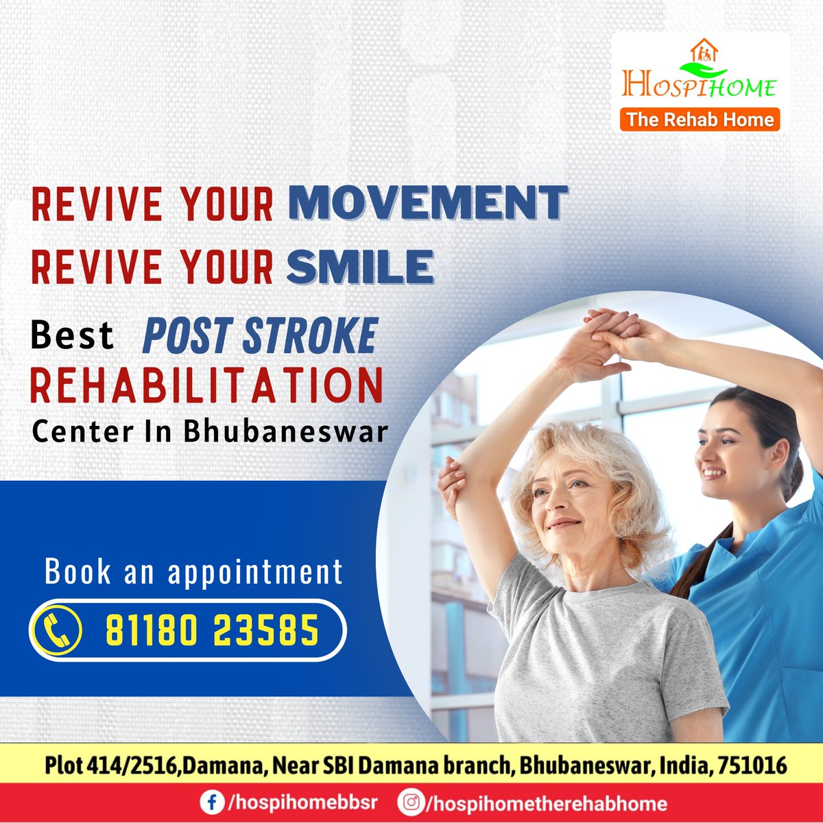 hospihomebbsr's tweet photo. "Revive your movement- Revive your smile" with our post stroke rehabilitation center situated @ Bhubaneswar. Visit us on https://t.co/uVoqgGZlYq for more information
#strokerehabilitation #poststrokecare #strokepatient #rehabilitation #rehabcare #brainstroke #heartstroke https://t.co/pWKcUJLOSM