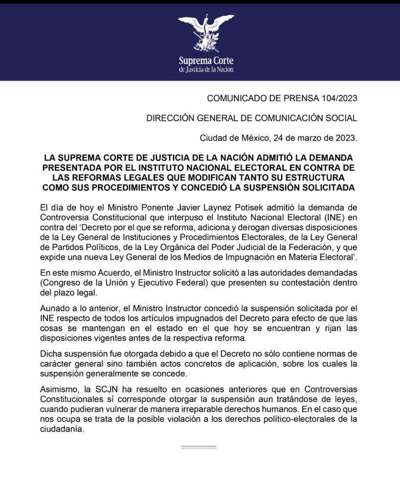 #ULTIMAHORA: Celebramos y reconocemos la decisión del Ministro Laynez de suspender de manera indefinida el Plan B. #SeguimosEnMarcha en defensa de la democracia. 👏👏👏👏