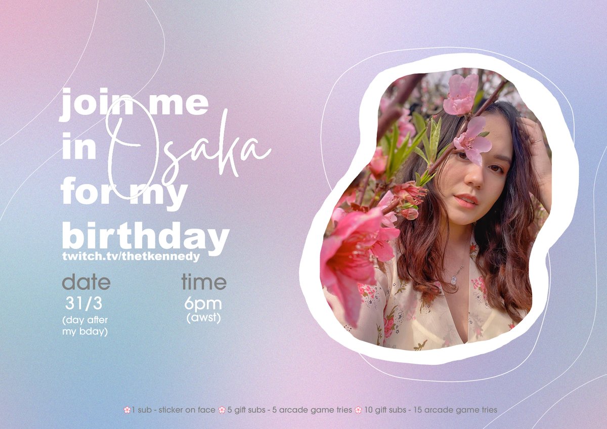 thetkennedy's tweet image. I'd like to invite you to celebrate my birthday with me💜 We'll be doing a special #Japan IRL stream on the 31st of March, 6PM AWST // 7PM JST over on #twitch!

I hope you'll be able to join me🌸 twitch.tv/thetkennedy
[sub incentives listed in image]
#irlstream #twitchstreamer