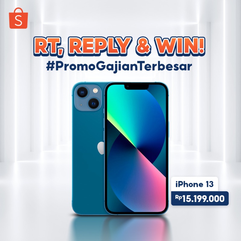 ShopeeID's tweet photo. ✨ iPHONE 13  GIVEAWAY ✨ 

Hari ini di #PromoGajianTerbesar, mimin mau GIVEAWAY IPHONE 13 nih!

Caranya: 
1. FOLLOW @shopeeid 
2. RT &amp; LIKE tweet ini 
4. REPLY "SHOPEE BIG RAMADAN SALE #PromoGajianTerbesar #HariIniBelanjadiShopee #GratisOngkirSuperDahsyat" maks. 15x ajaaa~