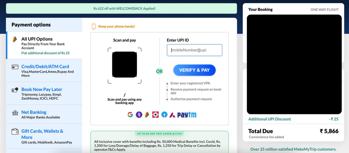 crazycl0ud's tweet photo. Hey @makemytrip @makemytripcare  , I'm trying to book a flight on your website but the final payment is showing differently than the payment being charged when I scan the UPI code. Can you please clarify why there is a difference? #makemytrip #flightbooking #paymentissue https://t.co/PVopkQMWky
