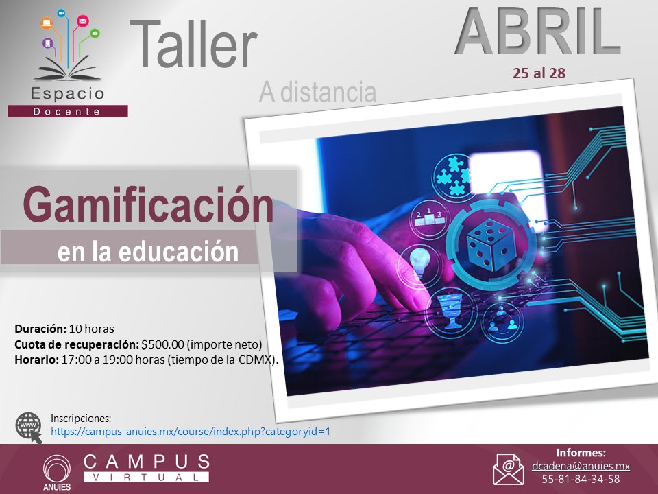 ¿Te gustaría lograr ambientes de aprendizaje con estudiantes activos, motivados, participativos y con interés en tus clases?

¡Este Taller de Espacio Docente <a href="/AnuiesDocente/">Espacio Docente</a> de la <a href="/ANUIES/">ANUIES</a> es para ti! 

Inscripciones 👉 virtuales-dev.anuies.mx/web/campusvirt…