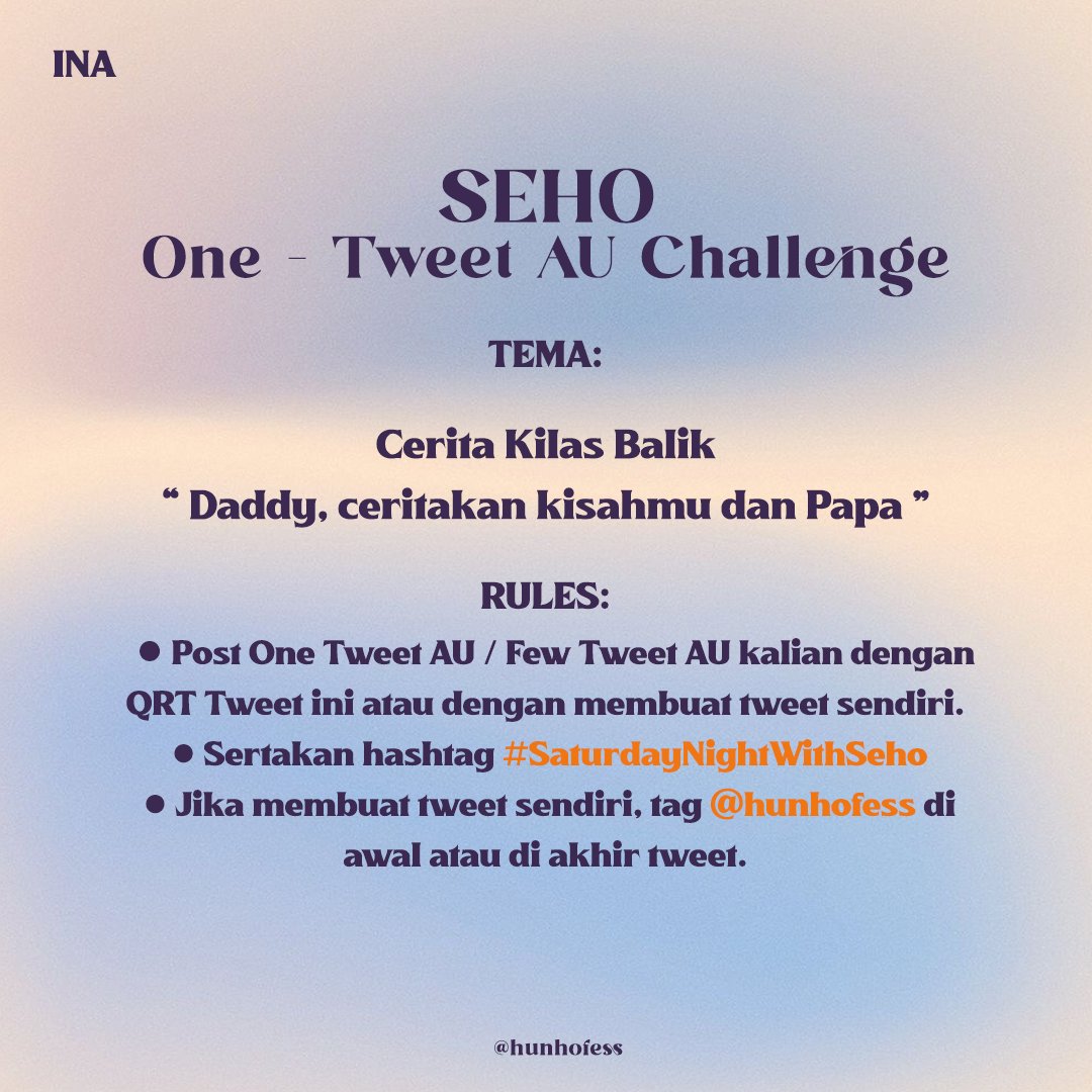 hunhofess's tweet photo. 𝐒𝐞𝐡𝐨 𝐎𝐧𝐞-𝐓𝐰𝐞𝐞𝐭 𝐀𝐔 𝐂𝐡𝐚𝐥𝐥𝐞𝐧𝐠𝐞
📌 Start post at 20.00 WIB / 22.00 KST

#SaturdayNightWithSeho https://t.co/YhjWiUi359