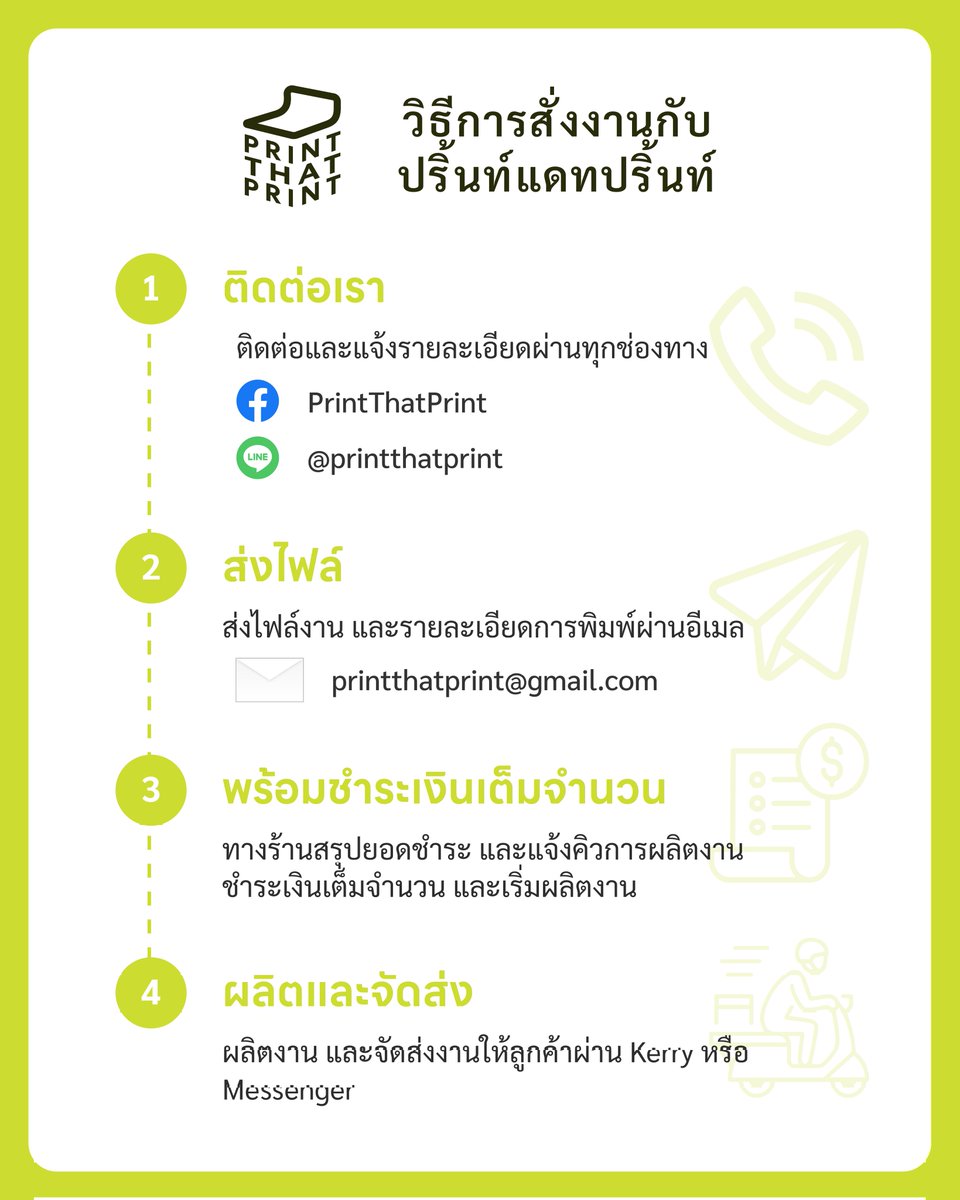 PrintThatPrint's tweet image. เพื่อนๆ สามารถติดต่อสอบถาม และสั่งผลิตงานได้ตามขั้นตอนง่ายๆ ดังนี้เลยครับ

สามารถติดต่อได้ผ่านช่องทางที่สะดวกได้เลยนะครับ

LINE@: @printthatprint 
E-mail: printthatprint@gmail.com
Twitter: Print That Print
Instagram: Print.that_print

#PrintThat #PrintThatPrint