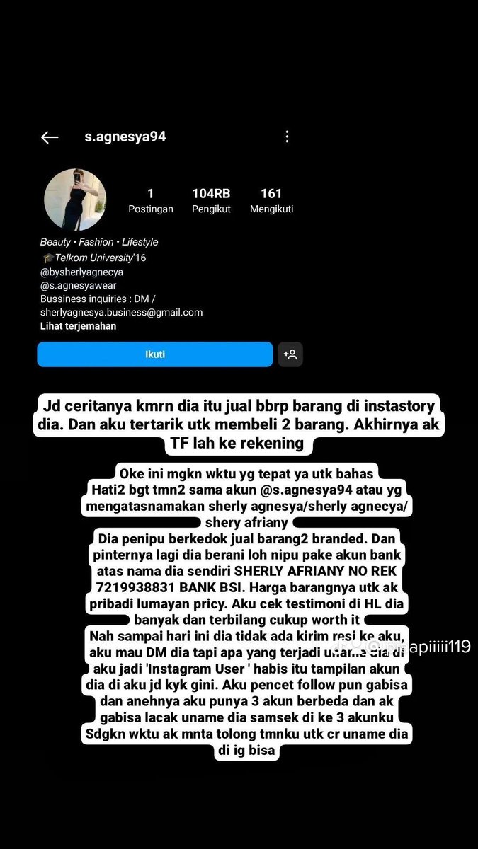 lovematcha119's tweet photo. Twitter Please do Your Magic
BANTU RT PLEASE

Hallo teman2 twitter. Aku ingin bercerita supaya temen2 lebih berhati2 lagi dengan akun IG s.agnesya94 atau orang yang mengatasnamakan SHERLY AFRIANY atau SHERLY AGNESYA atau SHERLY AGNECYA.
Beliau sudah menipu aku dengan kedok olshop https://t.co/7O7ieaX1wX