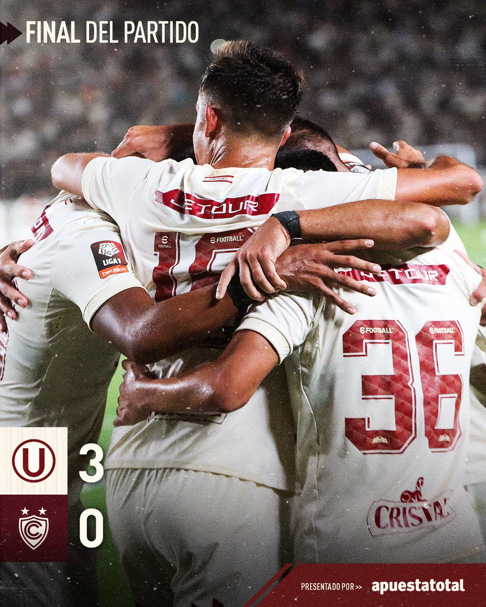 Universitario's tweet photo. 𝙀𝙎𝘼 𝙀𝙎 𝙇𝘼 𝙐, 𝙀𝙇 𝙈𝙀𝙅𝙊𝙍 𝘿𝙀 𝙇𝙊𝙎 𝙀𝙌𝙐𝙄𝙋𝙊𝙎 🎶 🎶 🎶

⚽️ Universitario 3-0 @Club_Cienciano

#ConLaUHastaElFinal https://t.co/LjiBJFSTZg