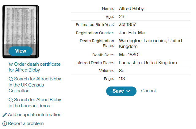 IntRLfan's tweet photo. @Azkatro I think it was Alfred Bibby who died. From records on Ancestry, I'm guessing he was: Alfred Bibby, born 1857 in Poulton-with-Fearnhead, Lancashire, son of James and Mary Bibby (nee Andrews). Death was registered in Jan-Feb-Mar of 1880: https://t.co/FvEaeJfaAR