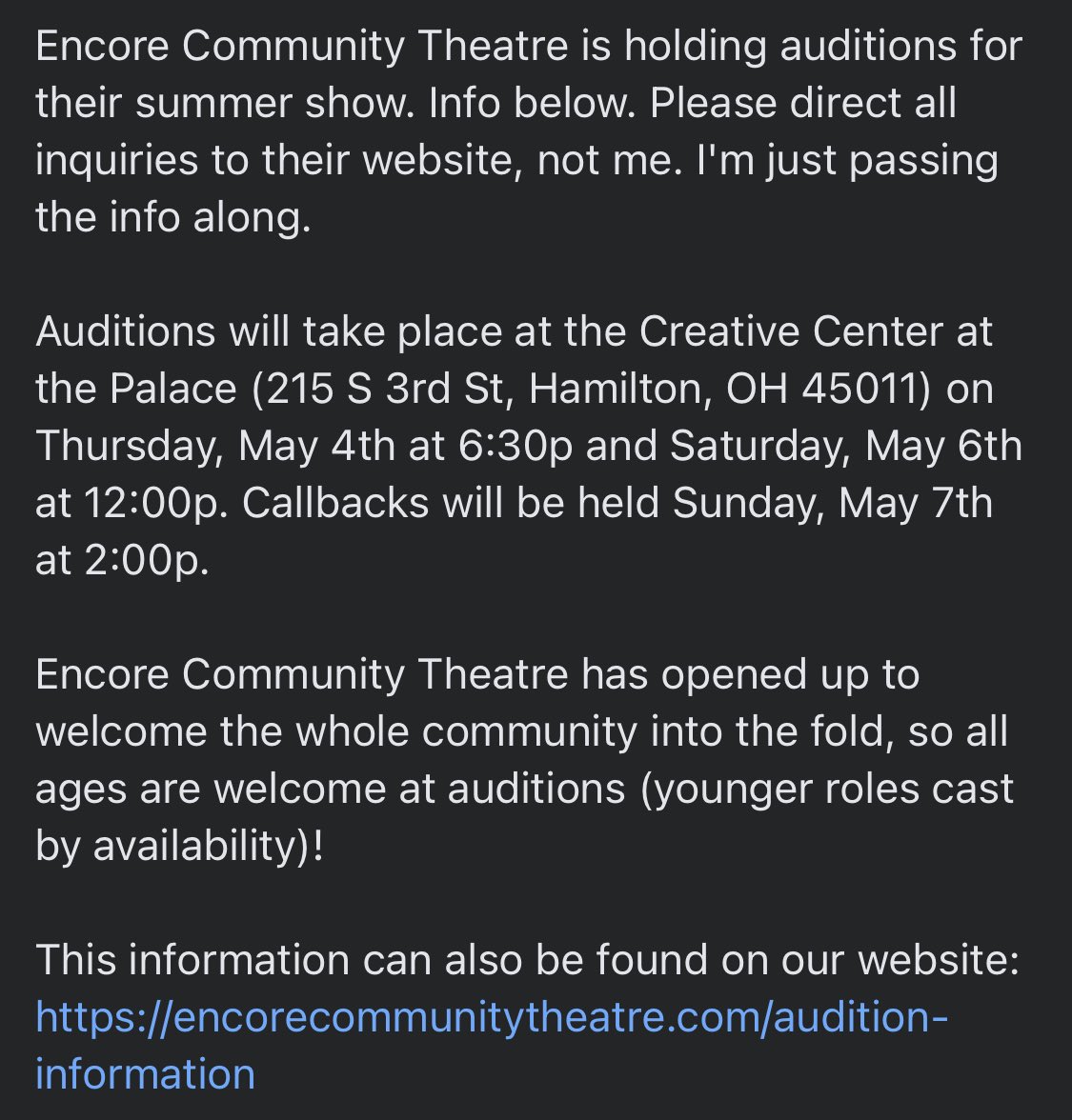 Encore Community Theatre is holding auditions for their summer show. Info below. Please direct all inquiries to their website, not me. I'm just passing the info along. 

encorecommunitytheatre.com/audition-infor…