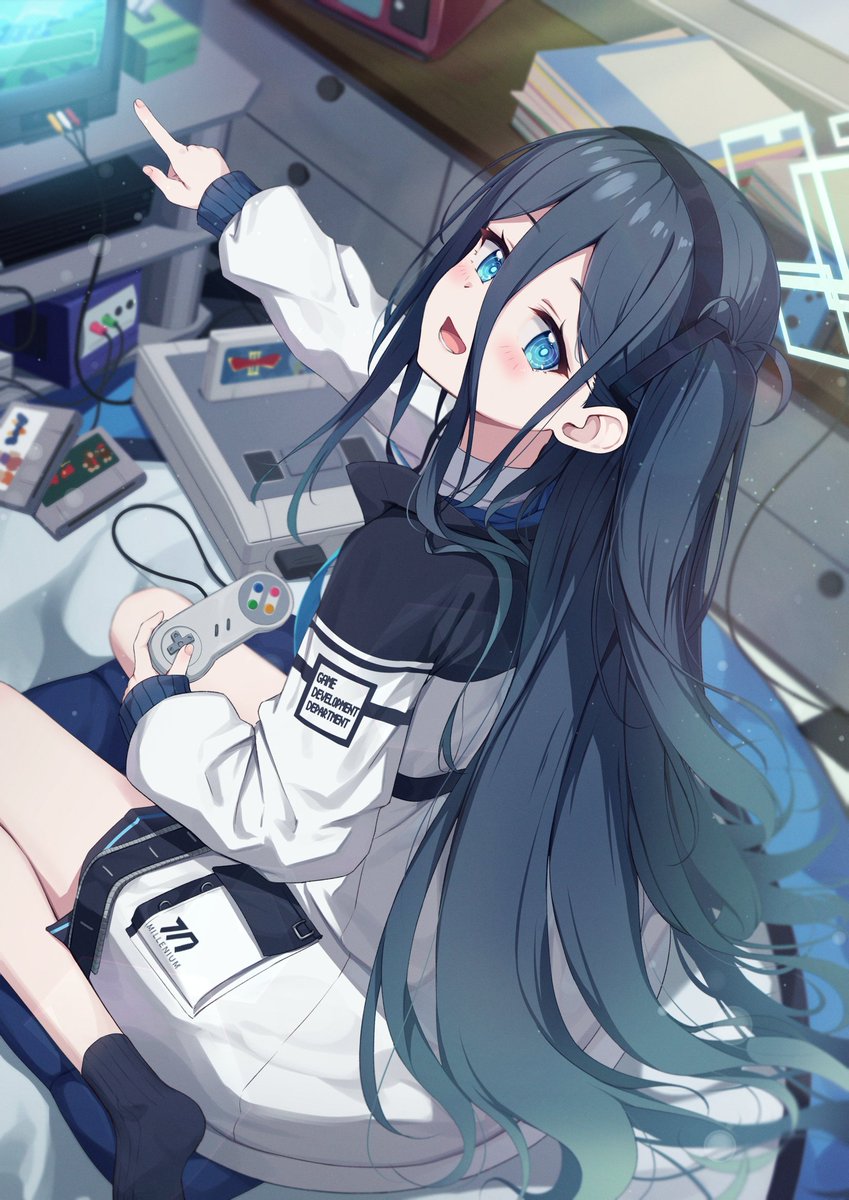 aris (blue archive) 1girl solo long hair blue eyes sitting controller jacket  illustration images