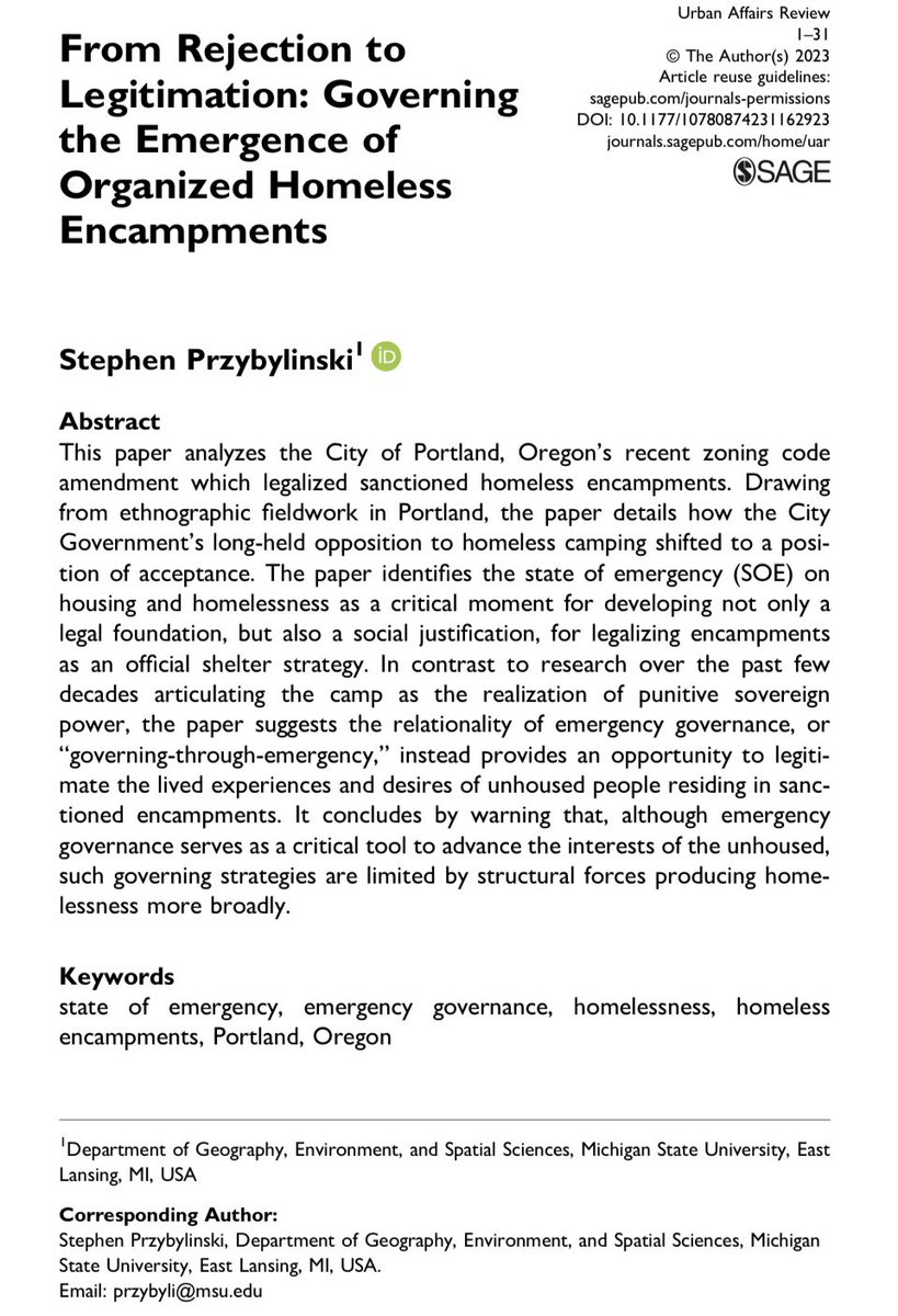 tmccormick's tweet photo. @judgeglock @SMeieran @NickKristof @Sharia_Mayfield @ManhattanInst @jvegapederson @chrisguymariano @uclaurbnplnning see also new paper by Stephen Przybylinski
@StePrzybylinski, examining Portland encampments/settlements. "From Rejection to Legitimation: Governing the Emergence of Organized Homeless Encampments." https://t.co/6IWuWYjlKC; PDF https://t.co/RLIF6eoTco cf #S2HC, #SettlementsGroup https://t.co/utMtCvAyUD
