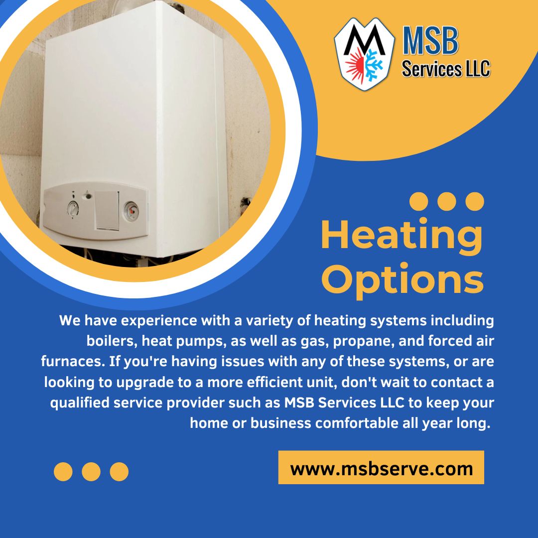 ServicesMsb's tweet image. *Heating options*
We have experience with a variety of heating systems including boilers, heat pumps, as well as gas, propane, and forced air furnaces. 
msbserve.com/services
#ProfessionalTechnicians #QualityMaterials #LatestTechniques #GetItRightTheFirstTime #MSBServicesLLC