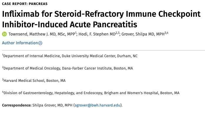 #GITwitter: If steroids fail in immune checkpoint inhibitor pancreatitis, then what? Guidelines list no second-line treatment

🔎 Check out our experience in @ACGCRJ – the first case to describe infliximab for steroid-refractory ICI-induced acute pancreatitis