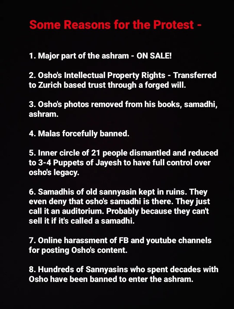 SWANEERAV's tweet photo. Why Osho disciple all over the world are protesting against the self proclaimed Trustees of Osho Ashram in Pune? 
#Saveosholegacy
@CPPuneCity
@DGPMaharashtra
@Dev_Fadnavis
@CMOmaharashtra
@PMOIndia @AmitShah @BJP4India
@myogiadityanath @ZeeNews @ABPNews @ndtv @news24tvchannel https://t.co/NlGcLjonAl