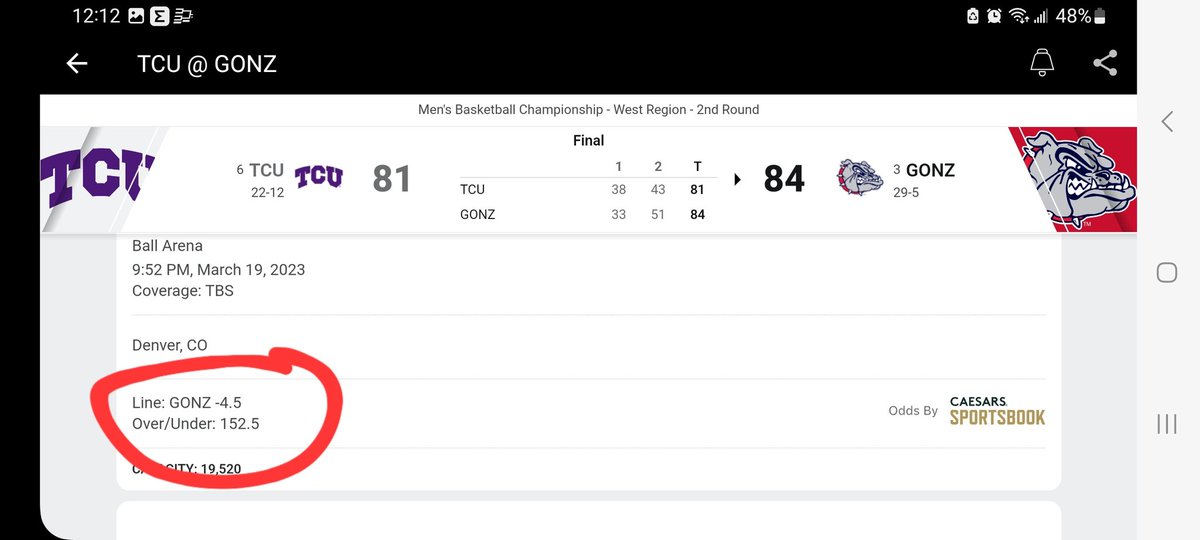 BobAllen808's tweet photo. Did anyone catch that a last second TCU bucket stopped Zags from covering?!  That was so money! https://t.co/XDUCQnnyDk