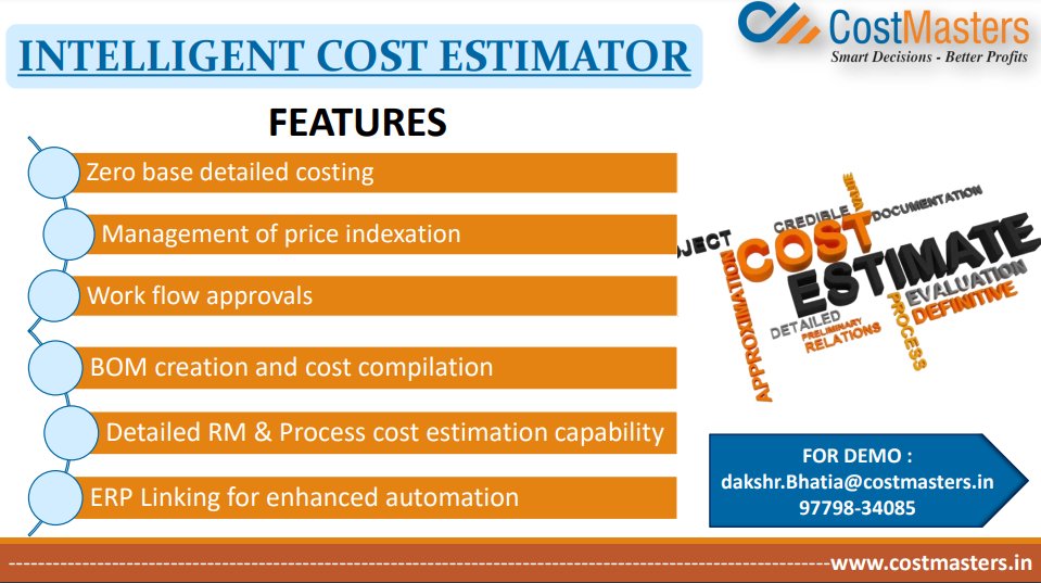 'Features of Intelligent Cost Estimator'

#zerobasecosting #targetpriceanalysis #shouldcostanalysis #costsaving #costreduction #costcontrol #purchasingconsultancy  #strategicsourcing #procurement  #costmanagement #costoptimization #costing #pricemonitoring #rawmaterialsprices