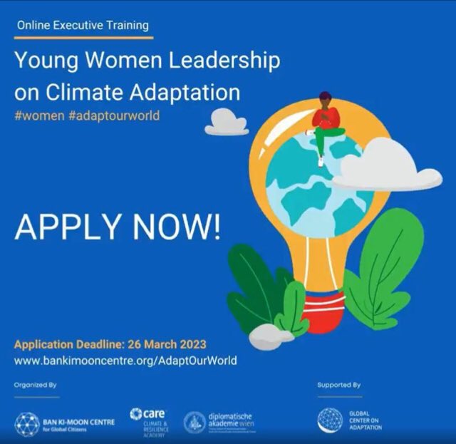 Global Center on Adaptation is searching for 3️⃣0️⃣ women passionate about #adaptationaction 

LEARN MORE AND APPLY NOW: bit.ly/3ytHsif

#women #AdaptOurWorld #leadership #training #sustainable #building #womenleadership #climateadaptation #environment