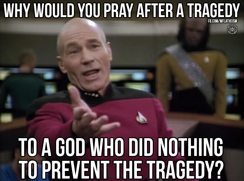 pinkheretic's tweet photo. Why would you pray after a tragedy, when God did nothing to prevent the tragedy? #atheist https://t.co/RppEUMhBIC