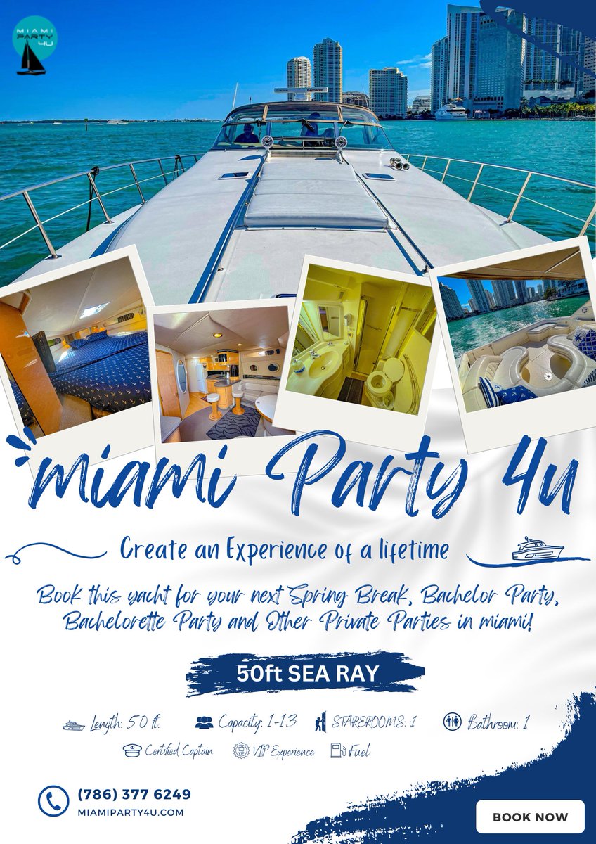 MiamiParty4u's tweet photo. Miami Party 4U specializes in luxury yacht rentals in Miami and Party Boat Charters. Celebrate your special occasion in one of our luxury Miami Yachts and explore Miami by the water. Call us at (305) 721 8902 or Visit https://t.co/alNxWtiG8y  to learn more about 50' Sea Ray. https://t.co/nkcWljfXyD