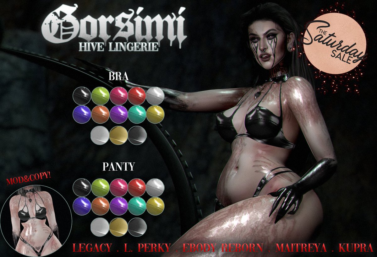gorsimi's tweet photo. Available now at Gorsimi Mainstore for Saturday Sale!
Hive Lingerie! 

Sized for Legacy/Perk, Reborn, and Lara
Taxi: https://t.co/fylz48Vpmq

#SecondLife #SaturdaySale https://t.co/E3Fl0LjEB0