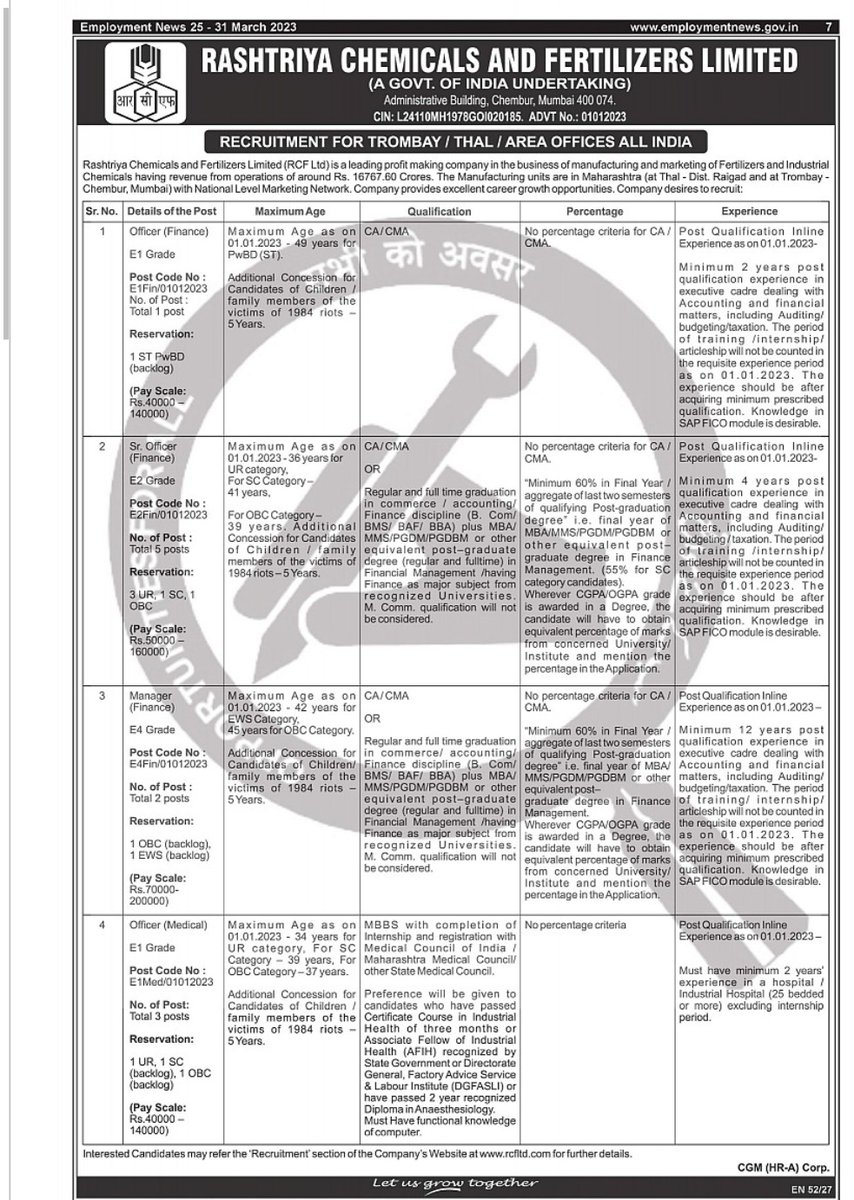 Are you a #CharteredAccountant or a #CostAndManagementAccountant (CA/CMA) looking for a challenging career opportunity?

Rashtriya Chemicals and Fertilizers Limited is hiring! Join the PSU in driving India's growth story!
#CA #CMA
#Jobs
#EmploymentNews dated 25 -31 March 2023