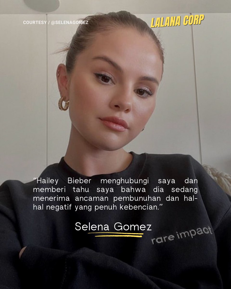 lalanacorp's tweet photo. Selena Gomez mengaku dihubungi Hailey Baldwin yang mengaku mendapatkan ancaman pembunuhan dan ujaran kebencian. Selena Gomez turut meminta supaya semua pihak-pihak yang memberikan hate comments dan mem-bully Hailey maupun Selena untuk berhenti.
-
#LLNCORP #selenagomez https://t.co/Dt40ePBoO1
