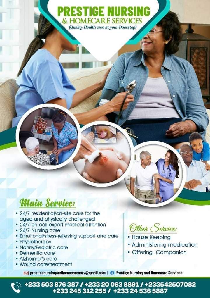 At Prestige Nursing and Homecare Services, we are committed to providing exceptional home care services to our clients. Contact us today to learn more about our services and how we can help you or your loved.
☎️+233245365887