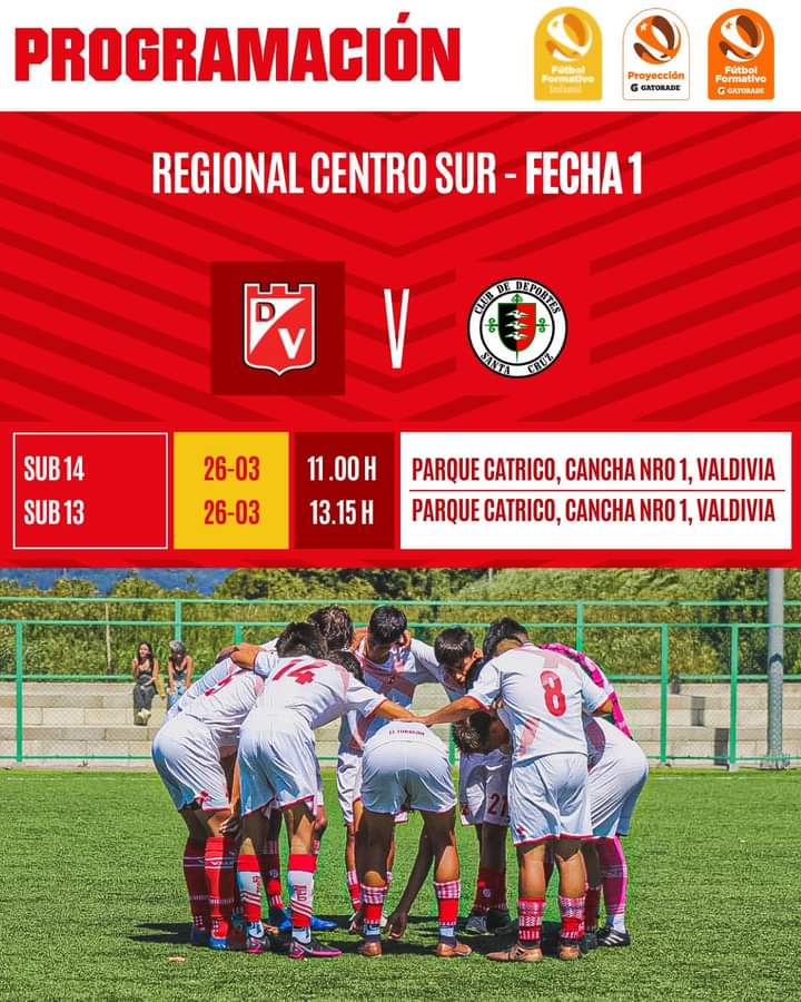 depvaldivia's tweet photo. FÚTBOL FORMATIVO GATORADE ZONA  SUR| PROGRAMACIÓN FECHA 1
El día domingo sigue la acción del futbol joven, después de 3 años ausente las series 13 y 14 vuelven las competencias enfrentando a @deportessantacruz ! 
🏆🔴⚪️

¡ Acompáñanos !

#SomosElTorreon #SomosDeVerdad
#valdiviacl https://t.co/SOMoG5b6dU