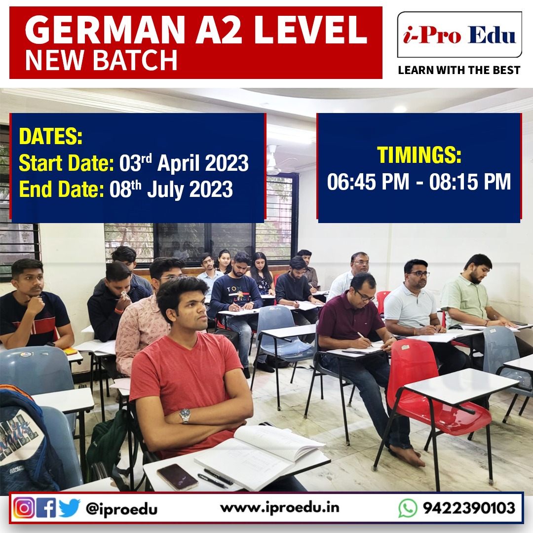 iproedunashik's tweet photo. The new Batch of German A2 Level is starting at I-Pro Edu.

Start Date: 3rd April 2023
End Date: 8th July 2023
Timings: 06:45 PM - 08:15 PM

Call us - at 9422390103
Visit us - at https://t.co/qMHP043J54
.
.
#germanA2level #newbatch #germanA2 #learngerman #iProEdu #nashik https://t.co/CwHNvqrFjp