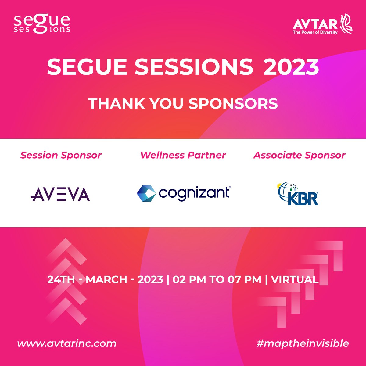 avtarcc's tweet photo. A huge thank you to the sponsors of the 15th edition of Segue Sessions 2023, on the theme #MapTheInvisible. We are thrilled to be associated with you. We look forward to continuing these impactful partnerships.

@AVEVAGroup  @Cognizant  @KBRincorporated 
(1/2) https://t.co/EkGIjyMSIp