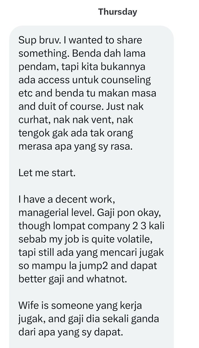 ConfessTweetMY's tweet photo. Luahan suami bergaji lebih rendah daripada isteri.

Semua yang dia buat nampak salah, nampak lekeh di mata isteri. Terguris hatinya.

(1/2) https://t.co/YTSsh5ertY