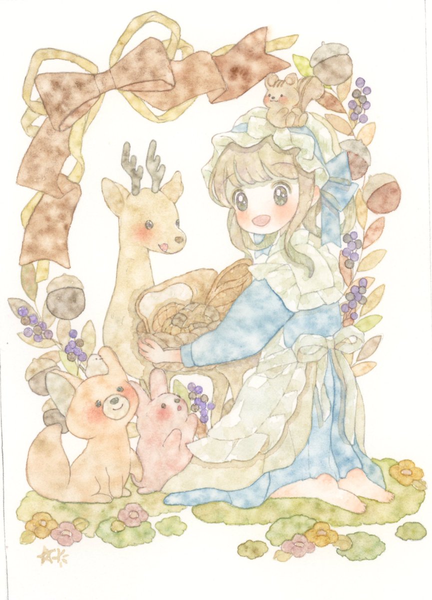 1girl acorn apron painting (medium) flower dress ribbon  illustration images
