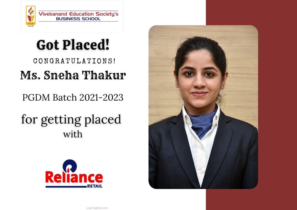 vbs_mumbai's tweet image. Success Story!!

VBS enthusiastically congratulates Ms. 'Sneha Thakur'(Batch 2021-23) for her placement with 'Reliance Retails'
Best Wishes for a Happy and Successful future.
#VBS #vbsplacements #PGDMplacements #placements2023
#MBA #MBAplacements #vivekanandcollege #vbspgdm #MBA