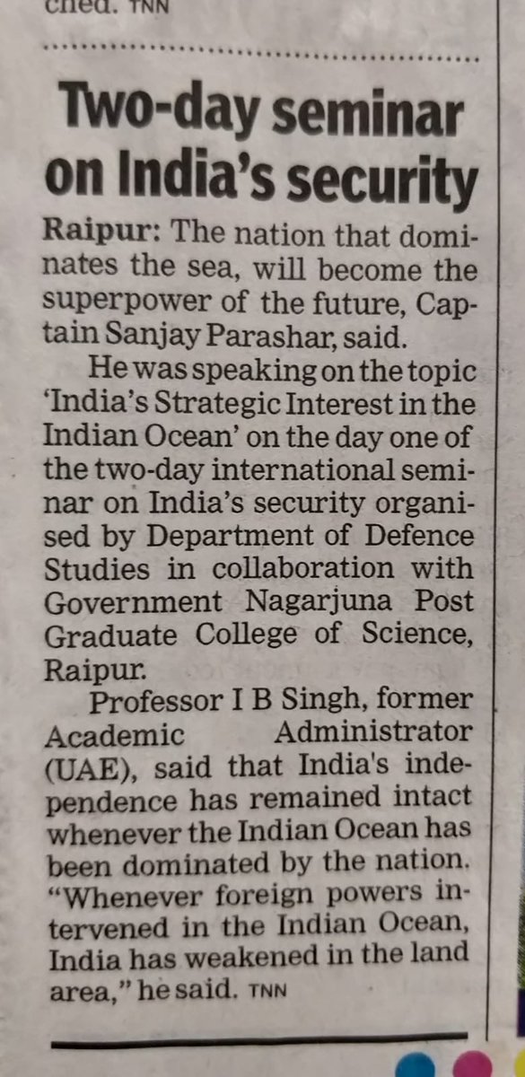 PrasharSdp's tweet photo. Times of India, Raipur, 25 March 2023
The Nation that dominates Sea, will become superpower of the future: Capt Sanjay Prashar speaking on topic "India's Strategic Interest in the Indian Ocean" , PG College Raipur, Chattisgarh https://t.co/43bMs9bZrc