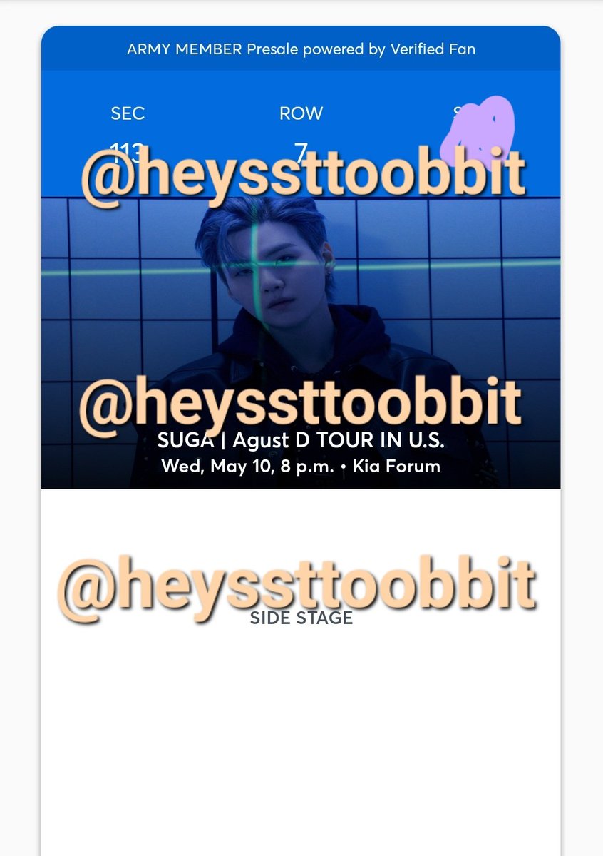 heyssttoobbit's tweet photo. WTS Suga/AgustD Tour
5/10 Kia Forum LA

1x Sec 113 Row 7
$750usd with paypal fees

Serious buyers only
Paypal G&amp;S
Zoom call/will provide proof
#BTStickets #BTSarmy
#SUGA_AgustD_TOUR #AgustD_SUGA_Tour_Tickets #AgustD_SUGA_Tour https://t.co/JJbZPkT10e
