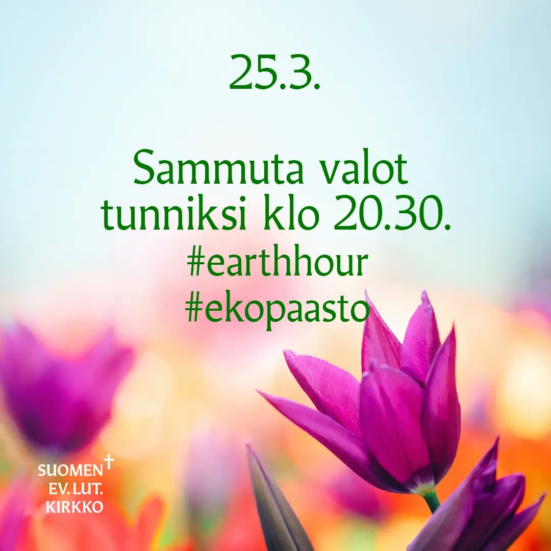 Hyvää lauantaihuomenta! Vielä 2 viikkoa #Ekopaasto-aikaa. 

Tänään näytämme valomerkin luonnon ja ilmaston puolesta yhdessä lukuisten ihmisten ja yhteisöjen kanssa ympäri maailmaa.🌍 

Sammutetaan valot klo 20.30 -  pimeä tunti valoisten ajatusten kera. 💚 

#earthhour #ekopaasto