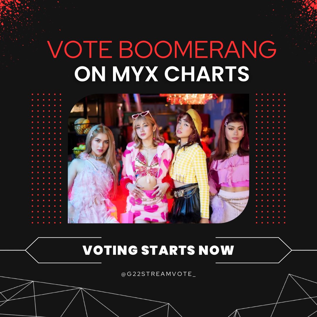 Bullets! Let’s vote G22’s Boomerang on MYX!! Votes are UNLIMITED! 💥

link: myx.global/pinoymyxcountd…

Right way to vote for Boomerang on MYX CHARTS!

Name of Artist: G22
Title of Song: Boomerang

CLICK VOTE AND DONE!
<a href="/G22Official/">G22 Official</a> #G22_Boomerang