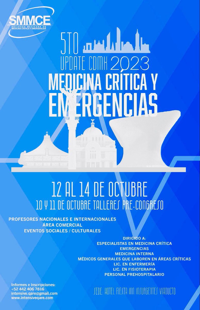 5to UpDate en Medicina Crítica y Emergencias 🚨 🏥 #SMMCE  Oct/23 🌃 CdMx 🇲🇽   La mejor actualización con Conferencias Magistrales y Talleres impartidos por Expertos en:  🫁 Ventilación Mecánica #AVENTHO 🫀 Monitoreo Hemodinámico y Gasométrico #MHEGAS 🧠 Neurocrítica 🔊 USG