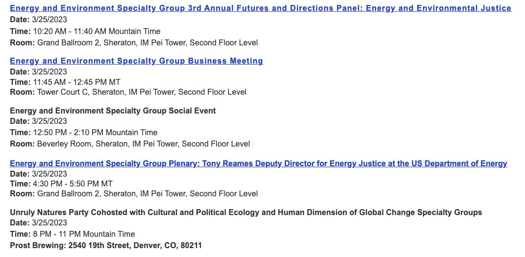 Who is ready for a huge day of energy geography at #AAG2023? Tomorrow is the day for Energy Justice with 3rd Futures & Directions panel & plenary session featuring @tgreames! Business meeting, social event and Unruly Natures. Who is amped? (energy pun) We are! See you tomorrow.