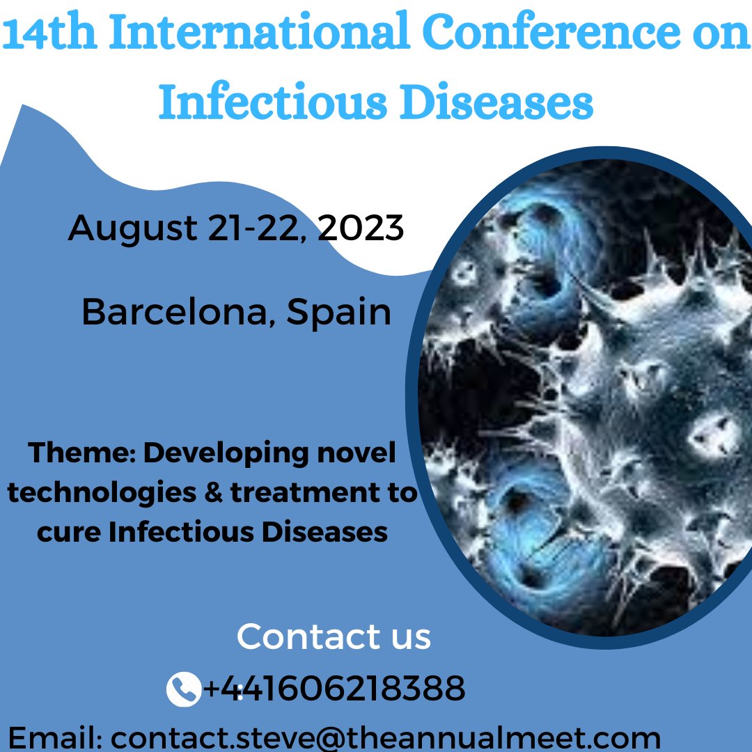 div_jennifer's tweet photo. Be a speaker at Infectious diseases conference 
Barcelona, Spain, August 21-22,2023
#infections #diseases #pediatric #veterinary #zika #ebola #viruses #vaccine #vaccination #blood #microbial #bateria #Viralhepatitis #prevention #diabetes 
URL:https://t.co/6pAIlwv03M
+441606218388 https://t.co/9mv2Hn0QH2
