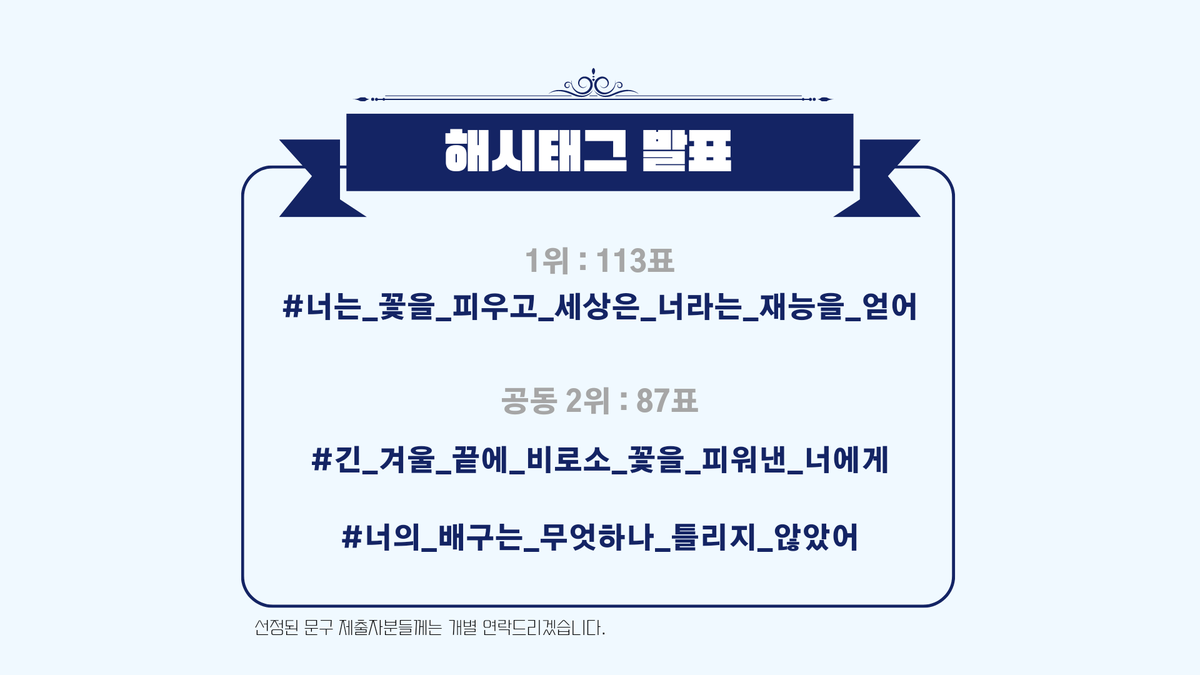 - 𝙀𝙫𝙚𝙣𝙩 𝙃𝙖𝙨𝙝𝙩𝙖𝙜 -

2023 TOORUDAY의 해시태그를 공개합니다.
멋진 문구를 만들어주신 참여자분들께 감사드립니다!

#너는_꽃을_피우고_세상은_너라는_재능을_얻어
#긴_겨울_끝에_비로소_꽃을_피워낸_너에게
#너의_배구는_무엇하나_틀리지_않았어