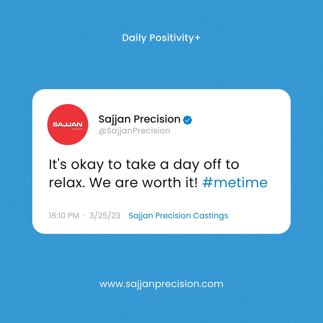 SajjanCasting's tweet photo. it's okay to take a Day off to relax.
we are worth it! โ
.
.
.
#sajjanprecision #precisionengineering #mondaymood #mondayquotes #DayOffFeels #offdayvibes #relaxtime #dailyquotes https://t.co/FLkfAjQGPg