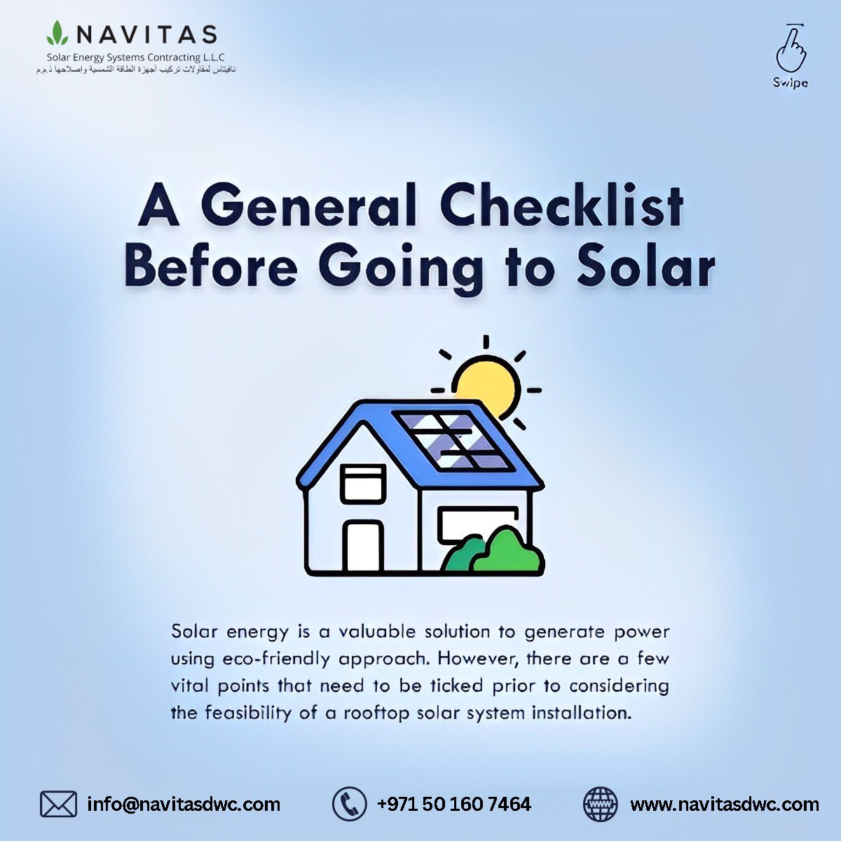 NavitasSolarEng's tweet photo. This post takes a look at the general factors to be considered to self-test the feasibility of a rooftop solar PV system installation

It’s time to go solar, it’s time for #NavitasDubai
#SolarUAE#ShamsInitiative #Navitassolar #solarenergy #SolarContracting #SolarConsultant #SOLAR https://t.co/pUkvRFqyXA
