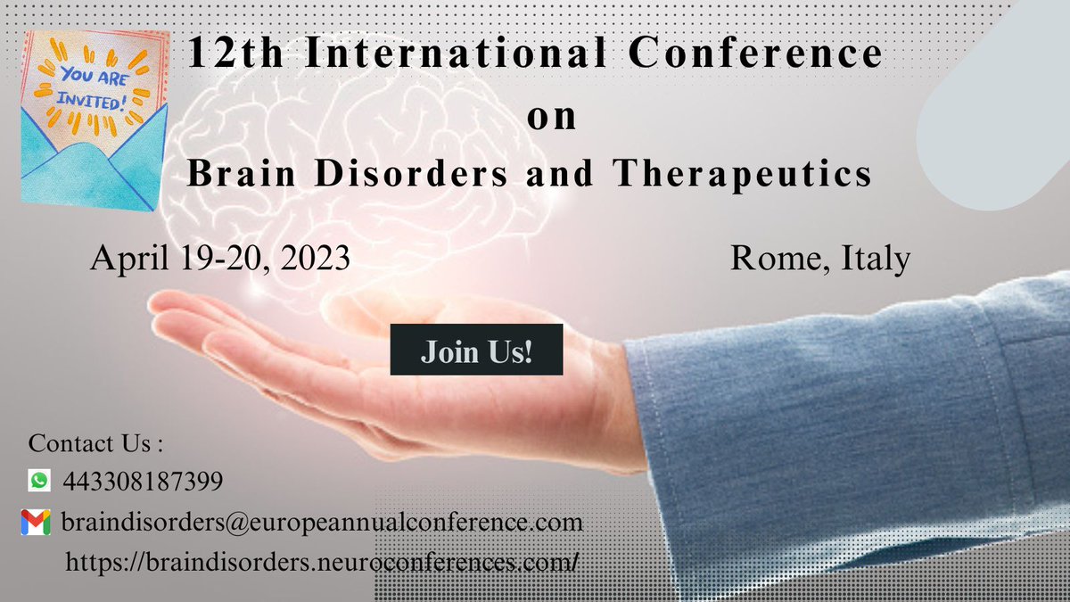 OliviaG15686600's tweet photo. #Brain_Disorders_2023
Hurry up guys!!!Make a big success of 12th International conference on #Brain_Disorders and #Therapeutics on April 19-20,2023 at Rome,Italy
Visit our website@ https://t.co/zBl0u1WJMx https://t.co/0dweHFU4D3