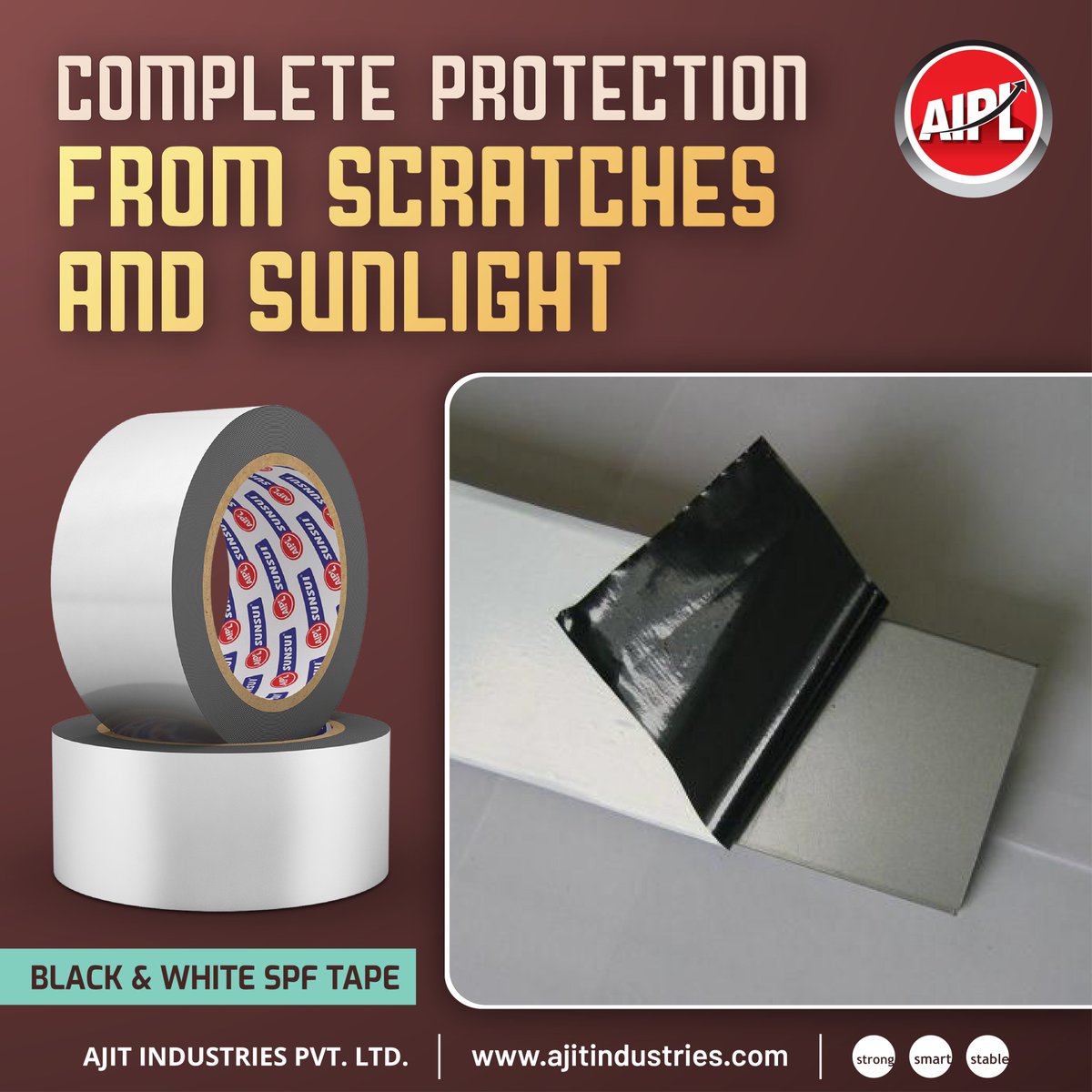 AIPL black and white tape being UV resistant provides excellent outdoor weather resistance for extended periods to prevent scratch marks during manufacturing, transit, and damage during and after installation.

#AIPL #Ajitindustries #SurfaceProtectionFilm #Adhesivetape #AIPLtapes