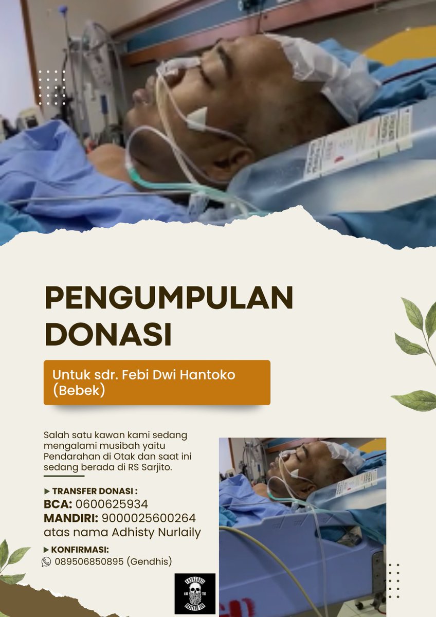 Selamat siang sodara ku, kami melakukan penggalangan donasi untuk mas febi dwi hantoko / bebek, donasi akan di gunakan untuk membantu biaya perawatan mas bebek, jika teman2  berkenan untuk membantu no rek dan cp dr kami ada di bawah ini, kami ucapkan banyak terima kasih 🙏💚